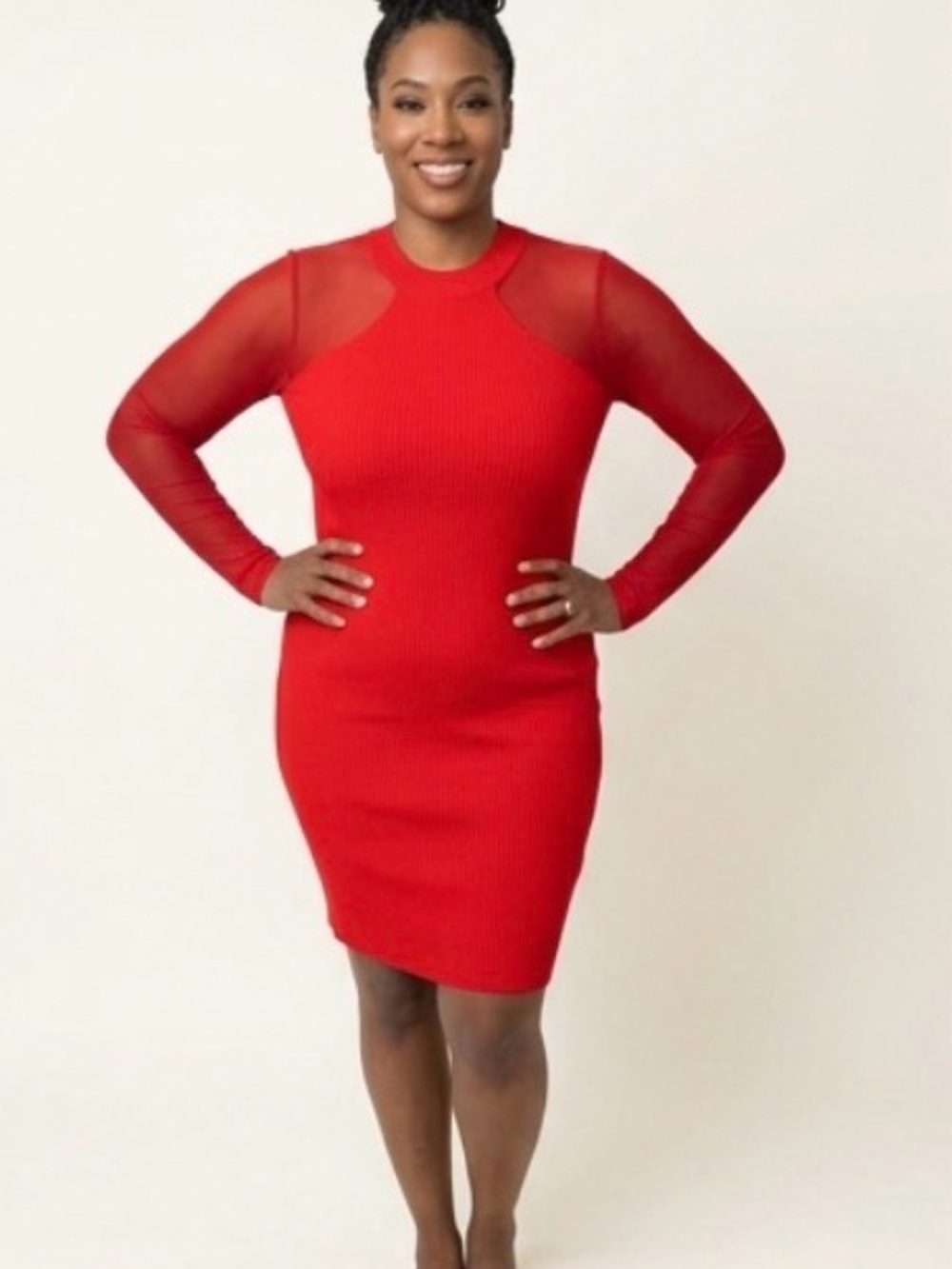 Ribbed Sheer-Sleeve Long Sleeve Dress - Red